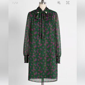Modcloth Winter Blooming Roses Dress Tie Neck Shift Green Pink Floral S NWT
